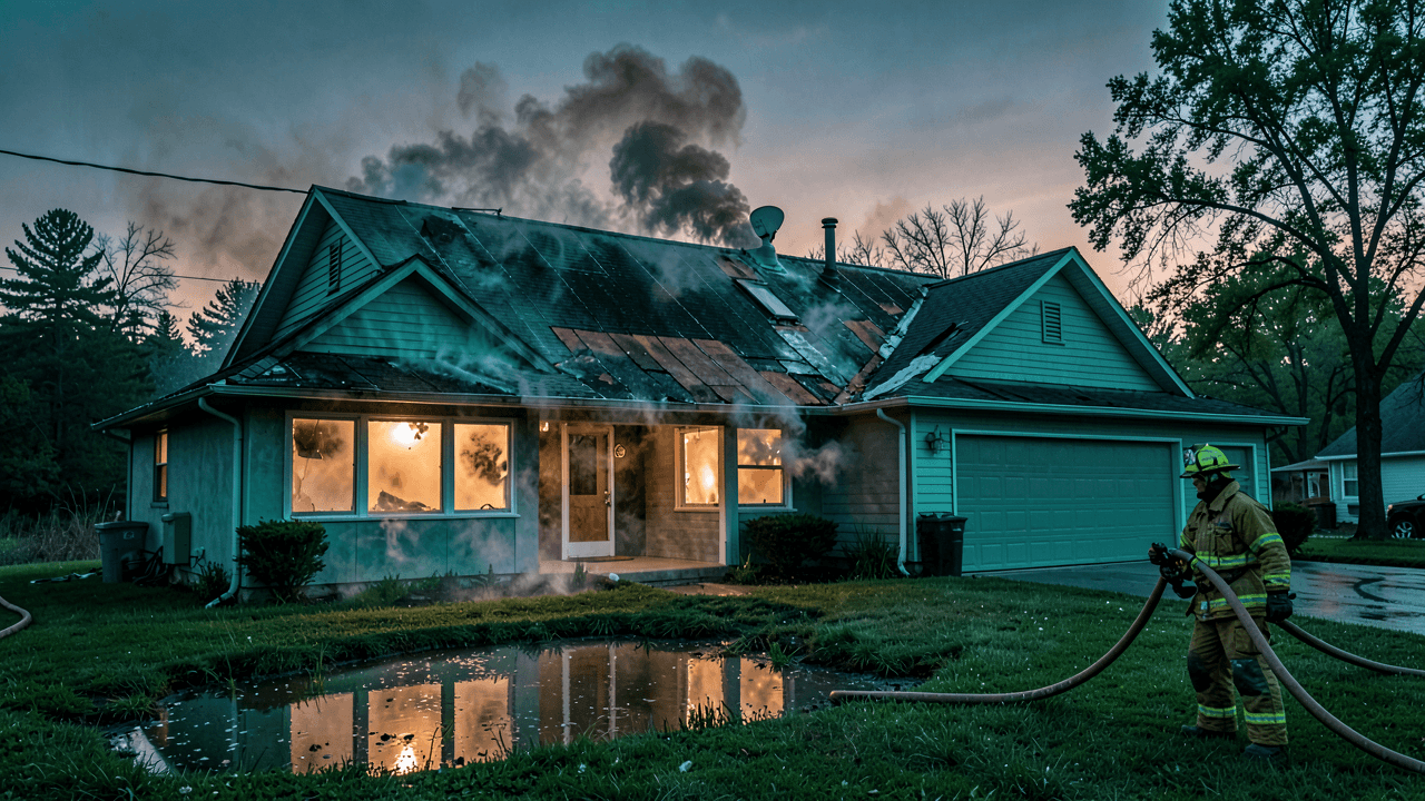 Suburban house with smoke and water puddles after Nebraska wildfire