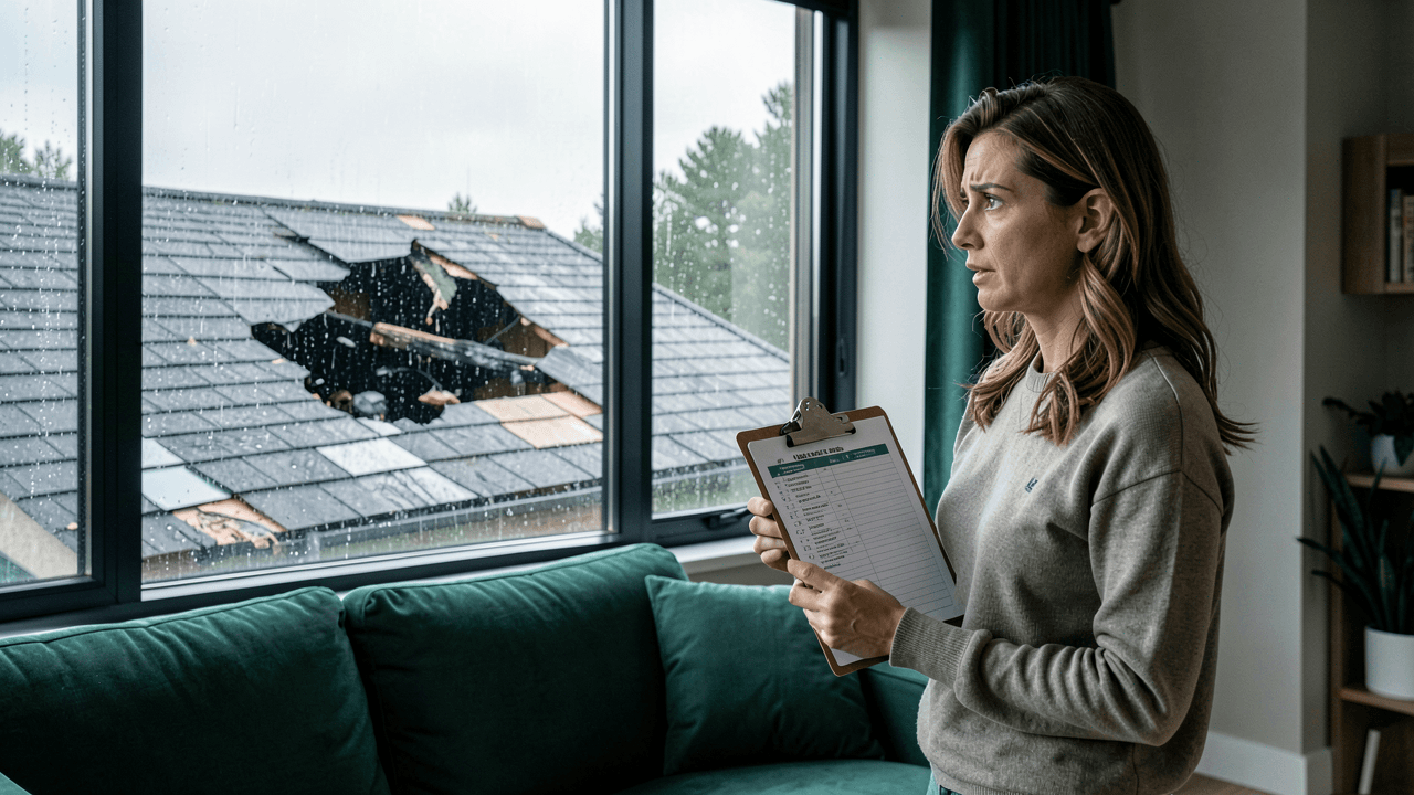 A homeowner inspecting a damaged roof after a storm