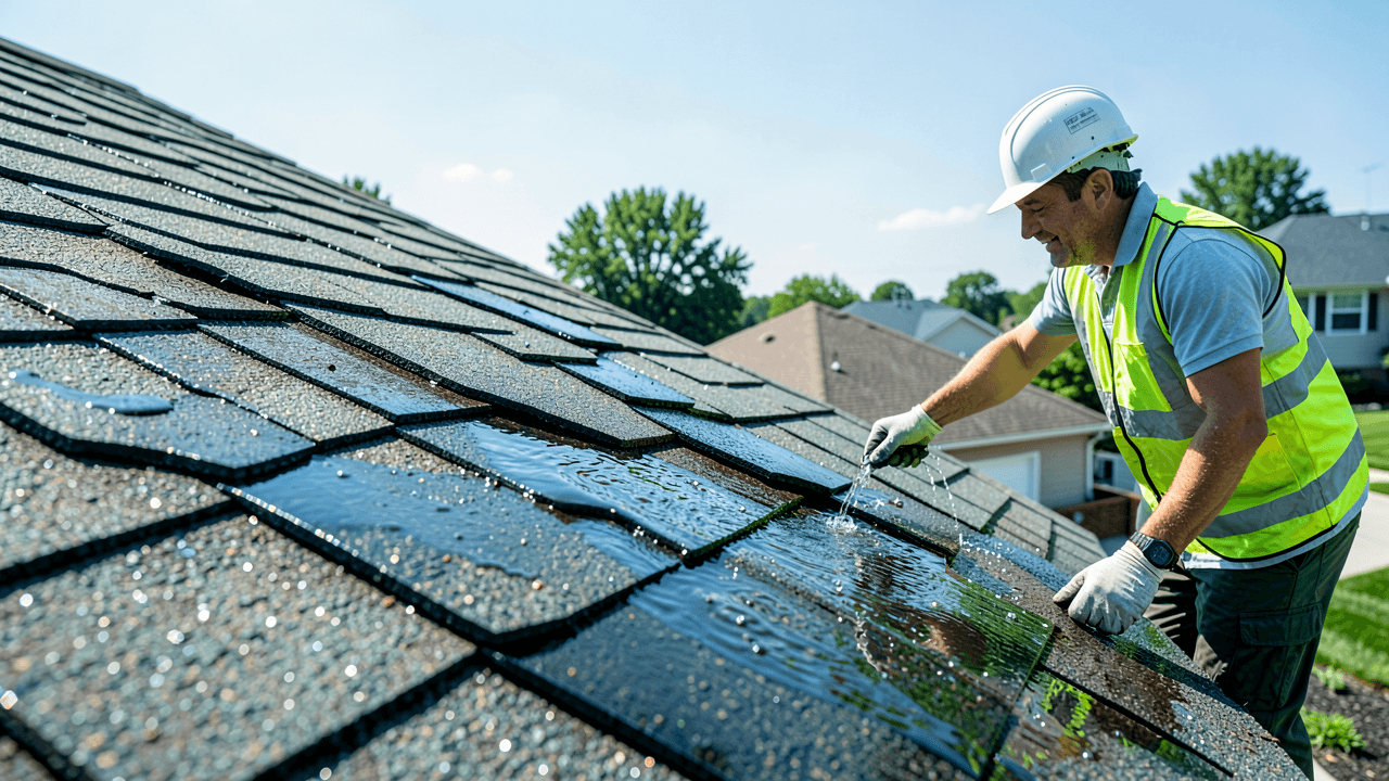 Homeowner inspecting damaged asphalt shingle roof after water intrusion