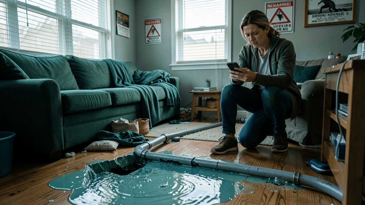 Water spillage from a burst pipe flooding a living room floor