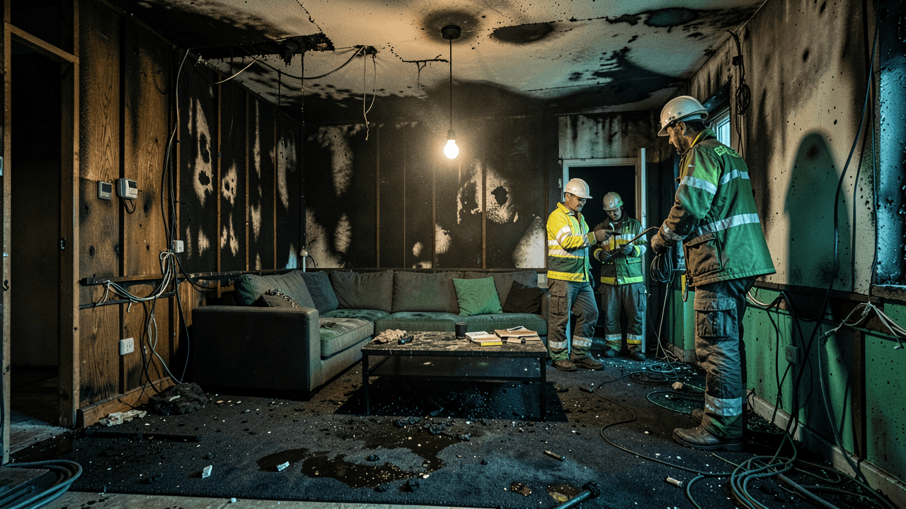 Fire-damaged living room with soot and water stains