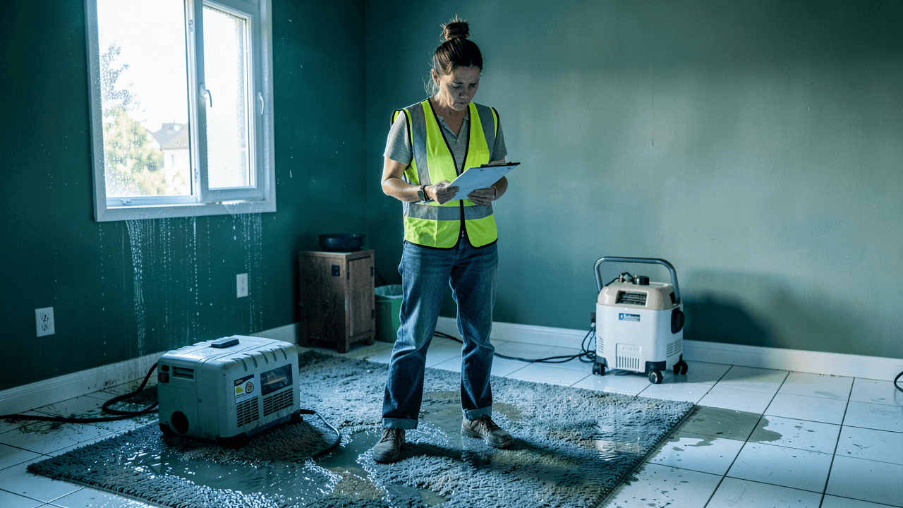 homeowner inspecting water damage in a living room after a pipe burst
