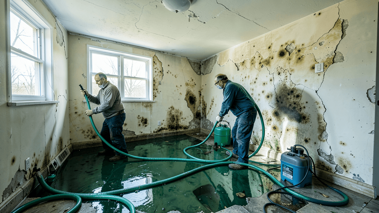 Restoration crew inspecting flooded basement after water damage