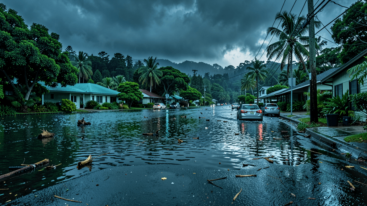 Flooded street in Maui after Kona storm, water pooling around parked cars