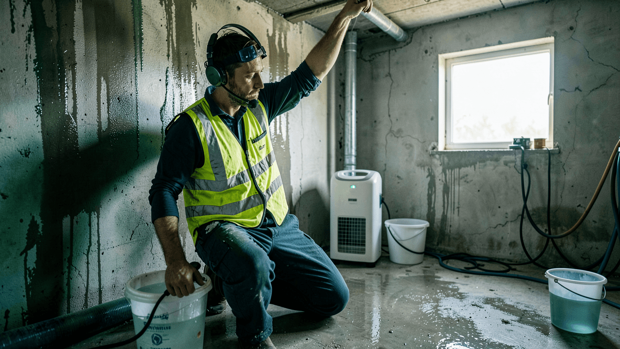 Restoration technician inspecting wet concrete in a basement after a water damage event