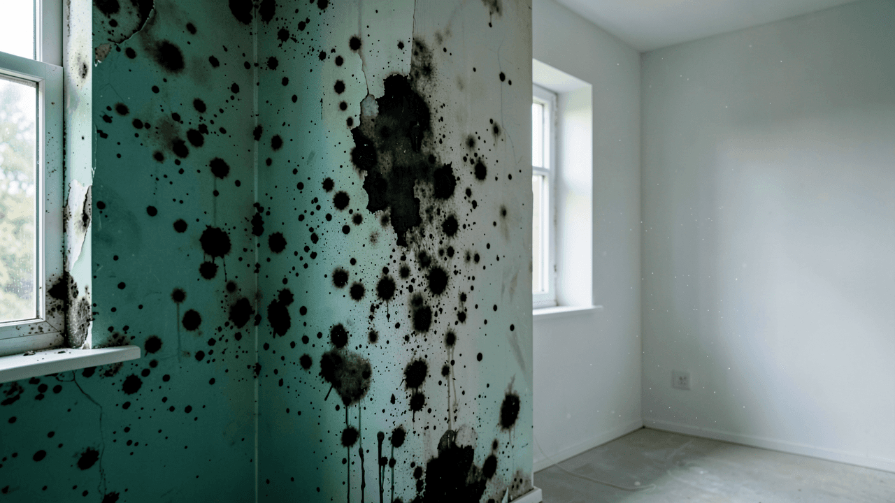 Close-up of black mold growth on a damp drywall surface