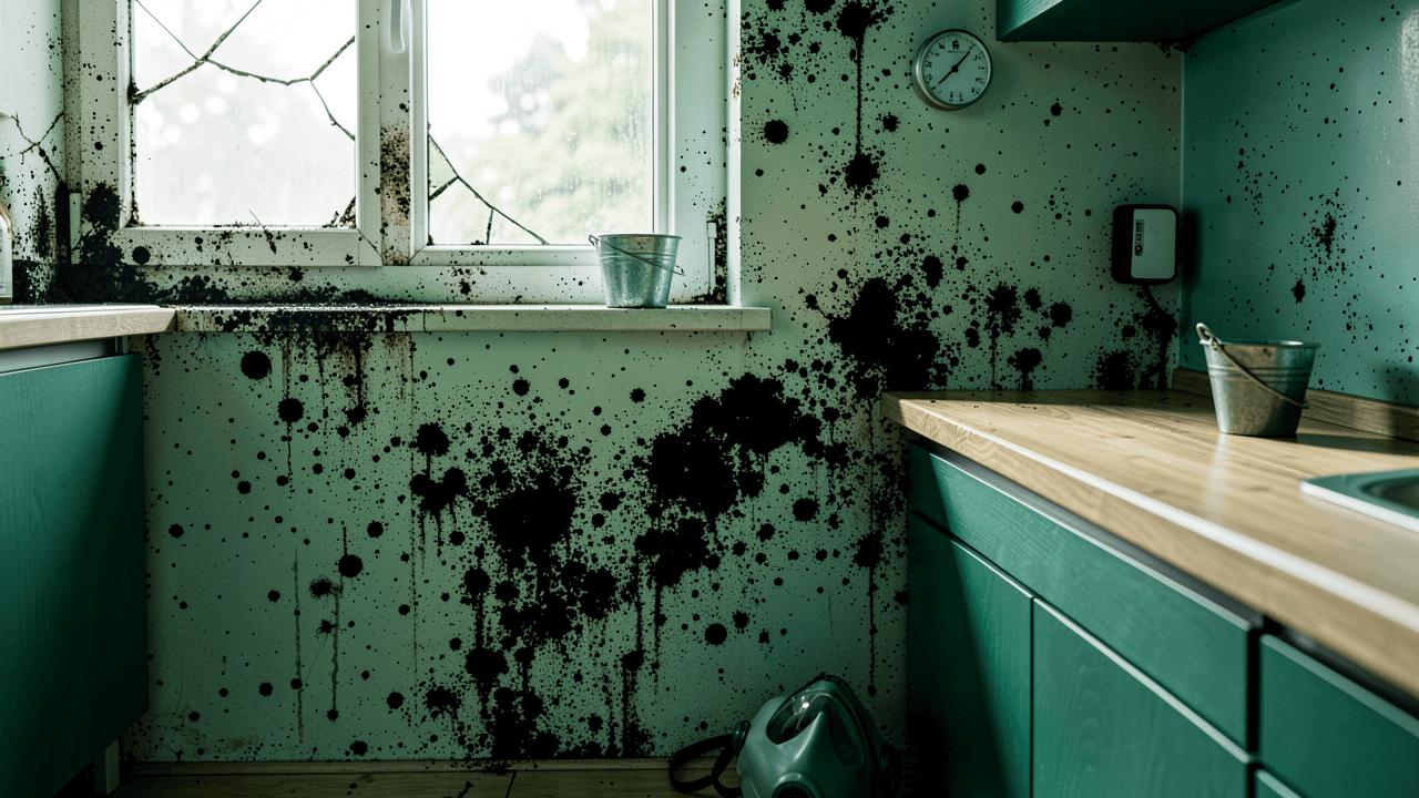 Close‑up of black mold on a damp kitchen wall