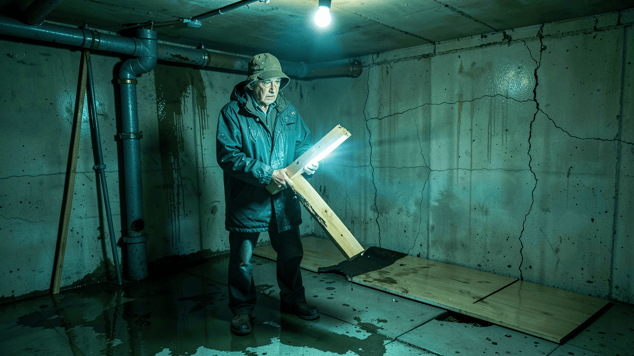 Homeowner inspecting warped lumber in a damp basement after high lumber costs