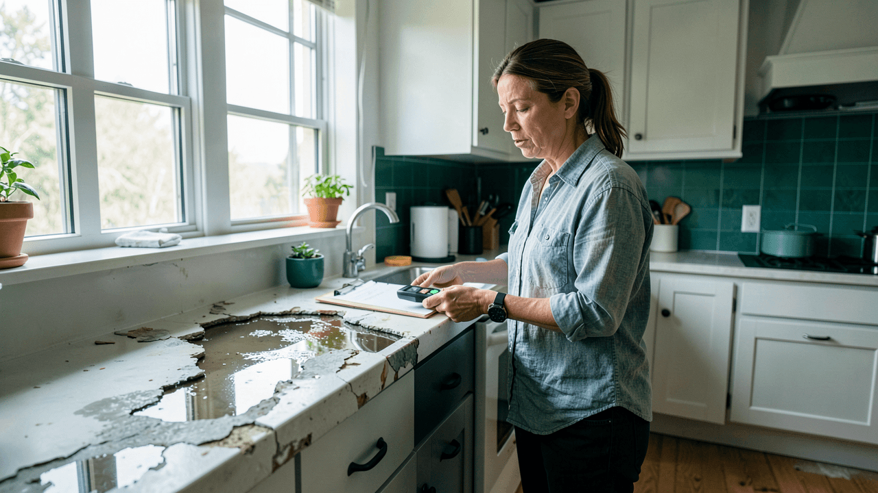 Homeowner inspecting water-damaged kitchen floor with a moisture meter