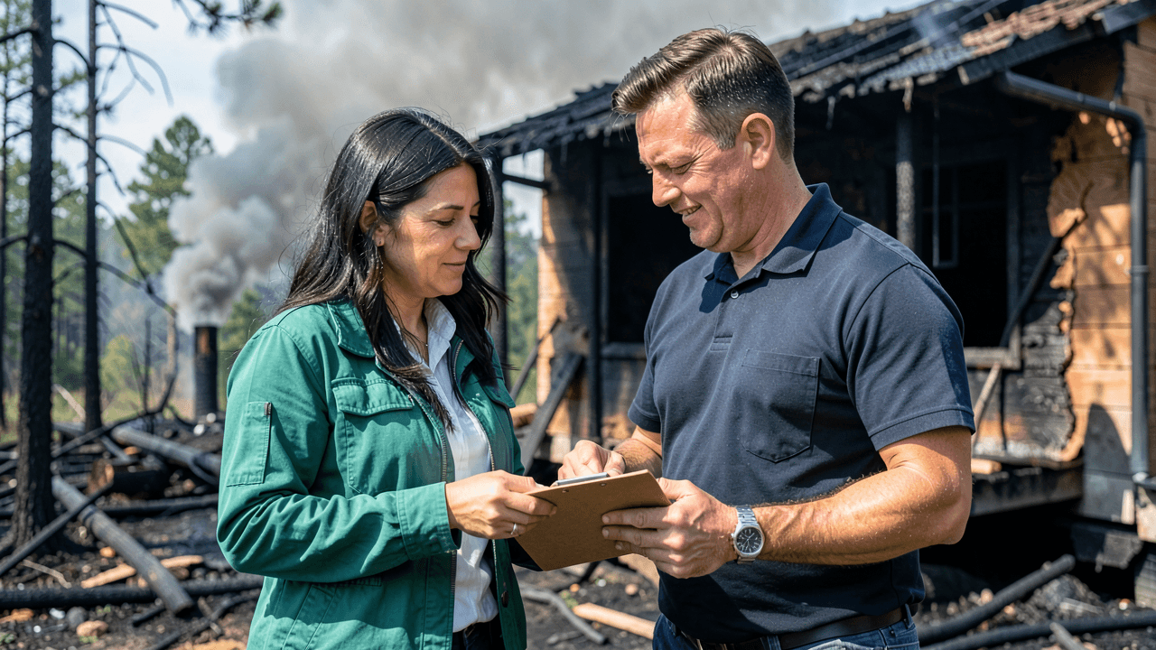 Homeowner speaking with insurance adjuster beside a wildfire‑damaged house
