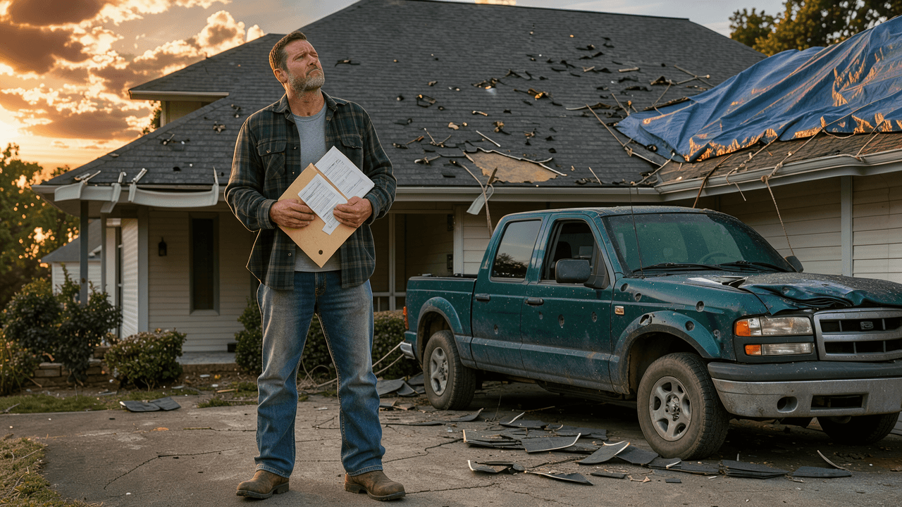 Homeowner reviewing insurance documents in a driveway beneath a hail-damaged roof with a blue tarp