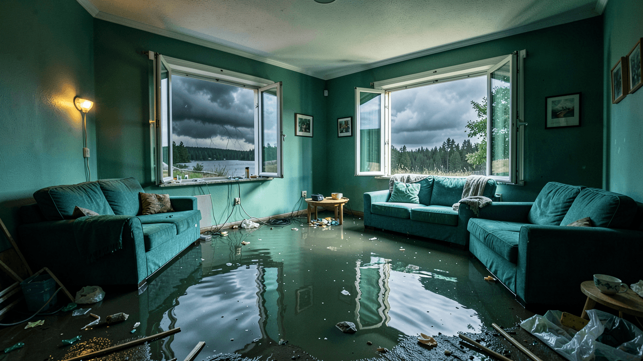Interior of a water-damaged home with standing water and debris after flash flood